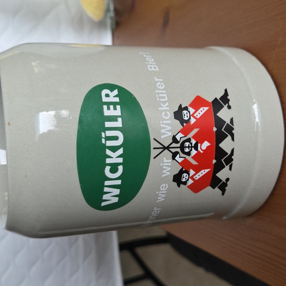 Vintage Wicküler West German .5L Beer Stein with Red & Black 3 Musketeers Design